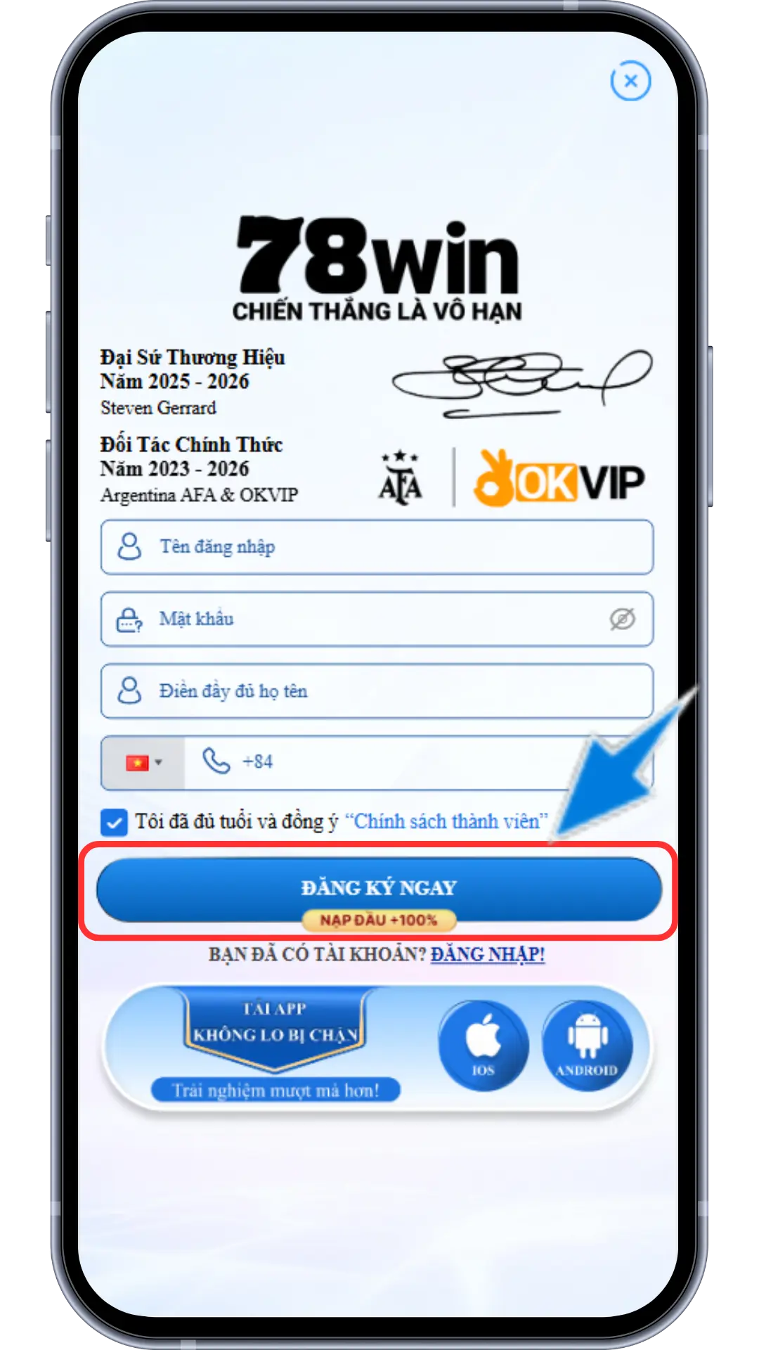 Bước 2 : Điền đầy đủ thông tin của quý khách » ấn "Đăng Ký Ngay "  (Lưu ý : khi hiển thị báo lỗi đỏ ở thông tin điền thì cần sửa lại theo đúng yêu cầu )